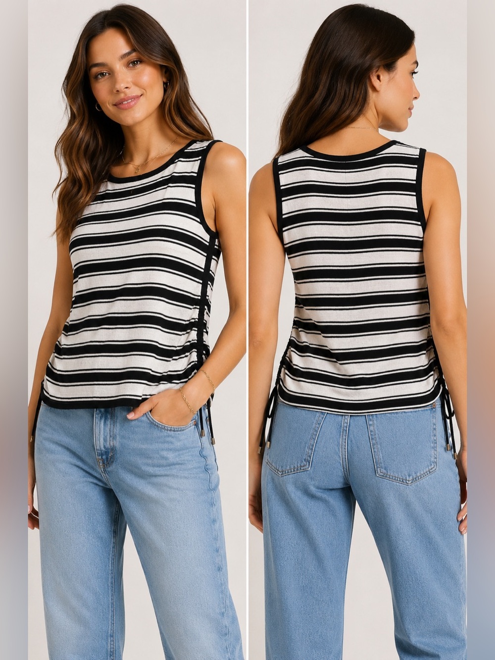Michael Kors Black White Striped Ruched Side Tank Top Size S NWT